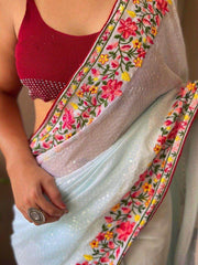 Ravishing Sky-Blue Sequins Georgette Party Wear Saree With Blouse