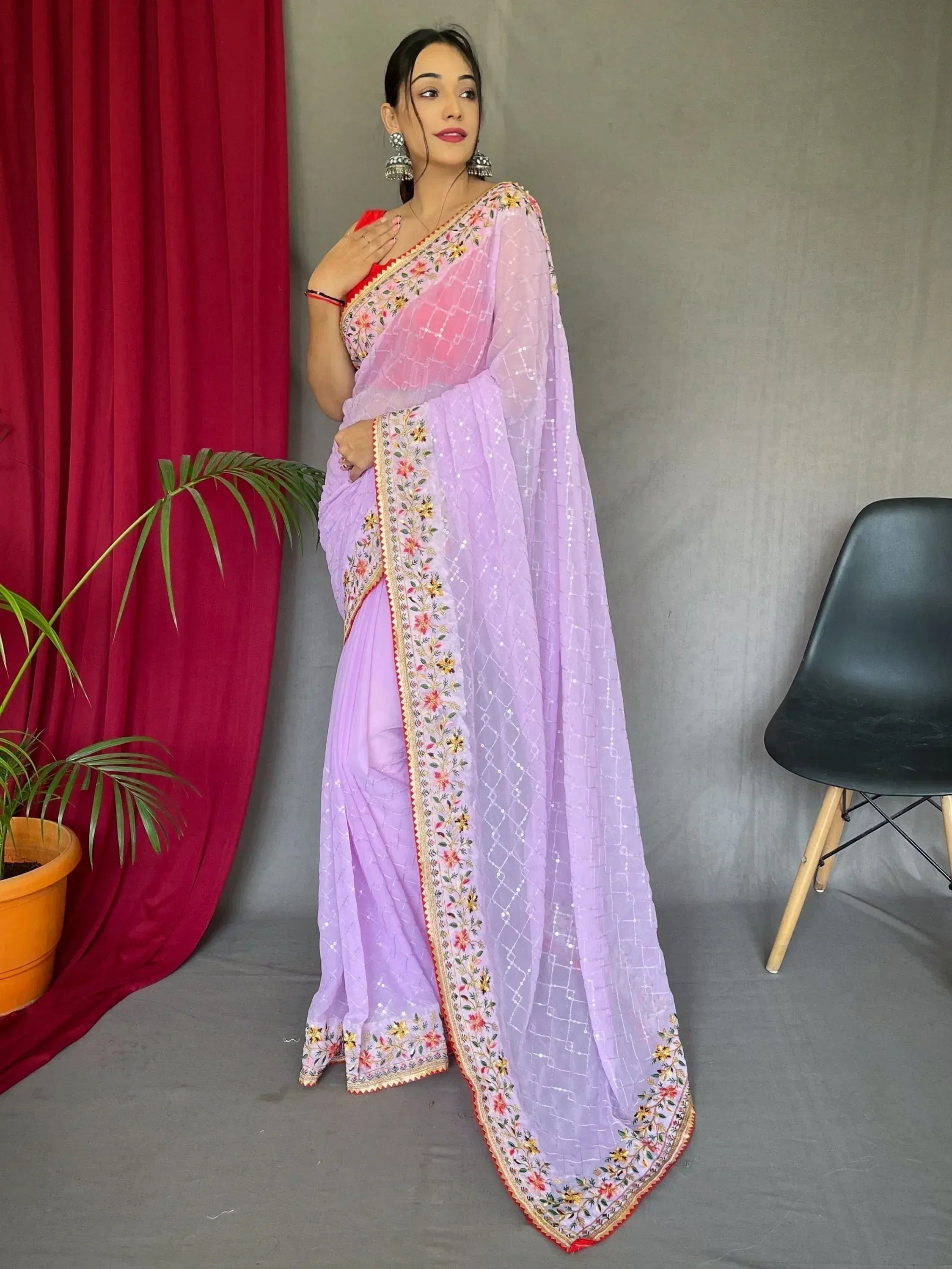 Lavender embroidered saree with floral border and red blouse, Indian ethnic wear