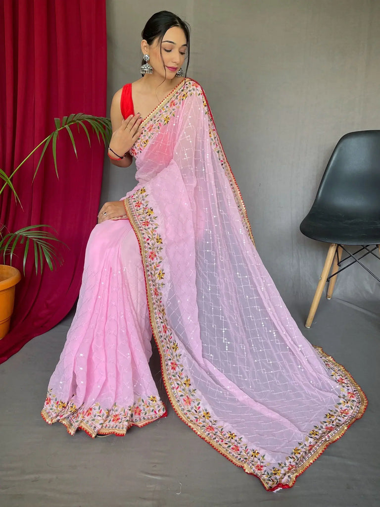 Alluring Pink Sequins Georgette Festival Wear Saree With Blouse