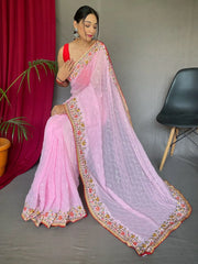 Alluring Pink Sequins Georgette Festival Wear Saree With Blouse