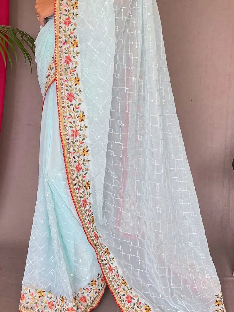 Fascinating Sky-Blue Sequins Georgette Wedding Saree With Blouse