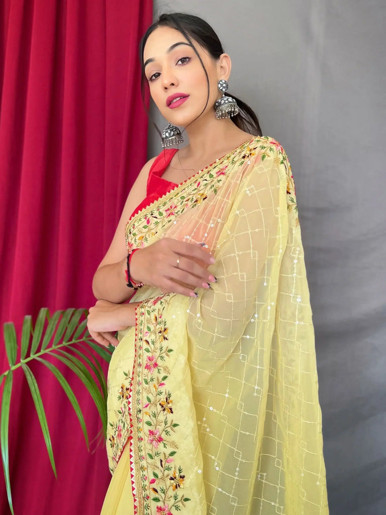 Bewitching Yellow Sequins Georgette Haldi Wear Saree With Blouse