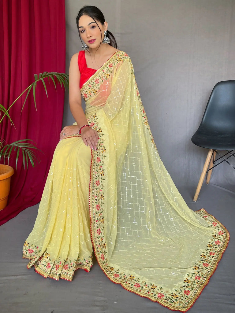 Bewitching Yellow Sequins Georgette Haldi Wear Saree With Blouse
