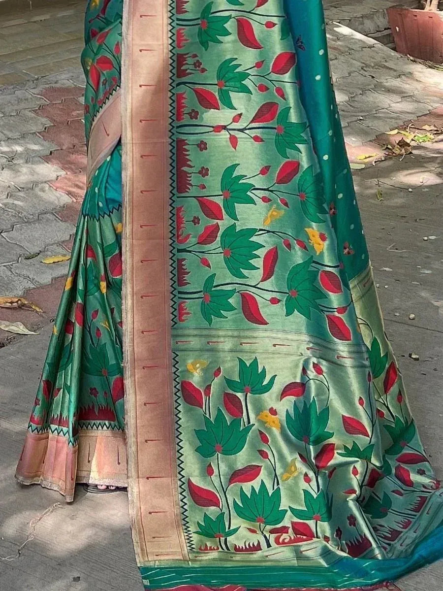 Green floral print saree with red leaves and gold border, Indian ethnic wear