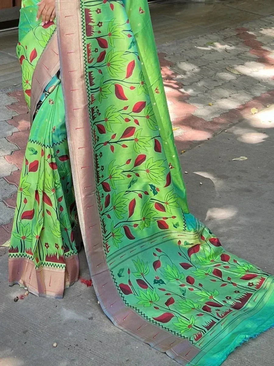 Green floral print saree with red leaves and beige border, Indian ethnic wear