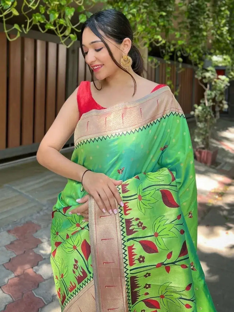 Sparkle Green Zari Woven Banarasi Silk Reception Wear Saree With Blouse