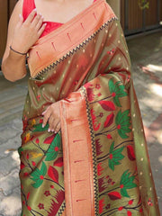 Glorious Mehendi-Green Zari Woven Banarasi Silk Wedding Saree With Blouse