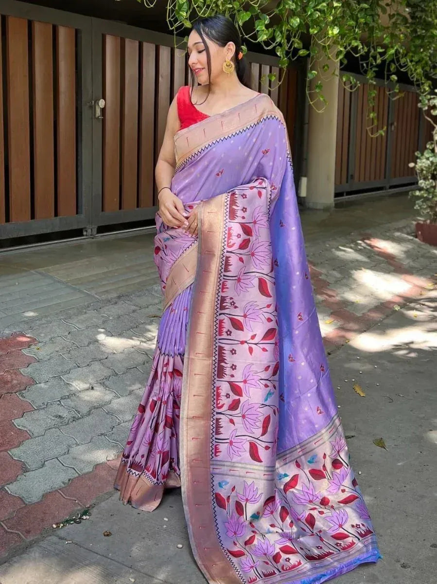 Purple floral print saree with red blouse, ethnic Indian wear for women, perfect for festive occasions