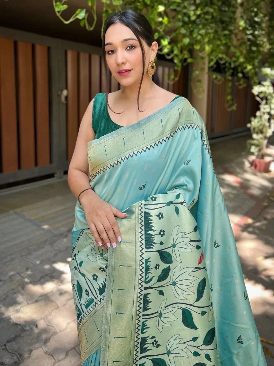 Captivating Sky-Blue Zari Woven Banarasi Silk Reception Wear Saree With Blouse