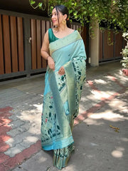 Captivating Sky-Blue Zari Woven Banarasi Silk Reception Wear Saree With Blouse