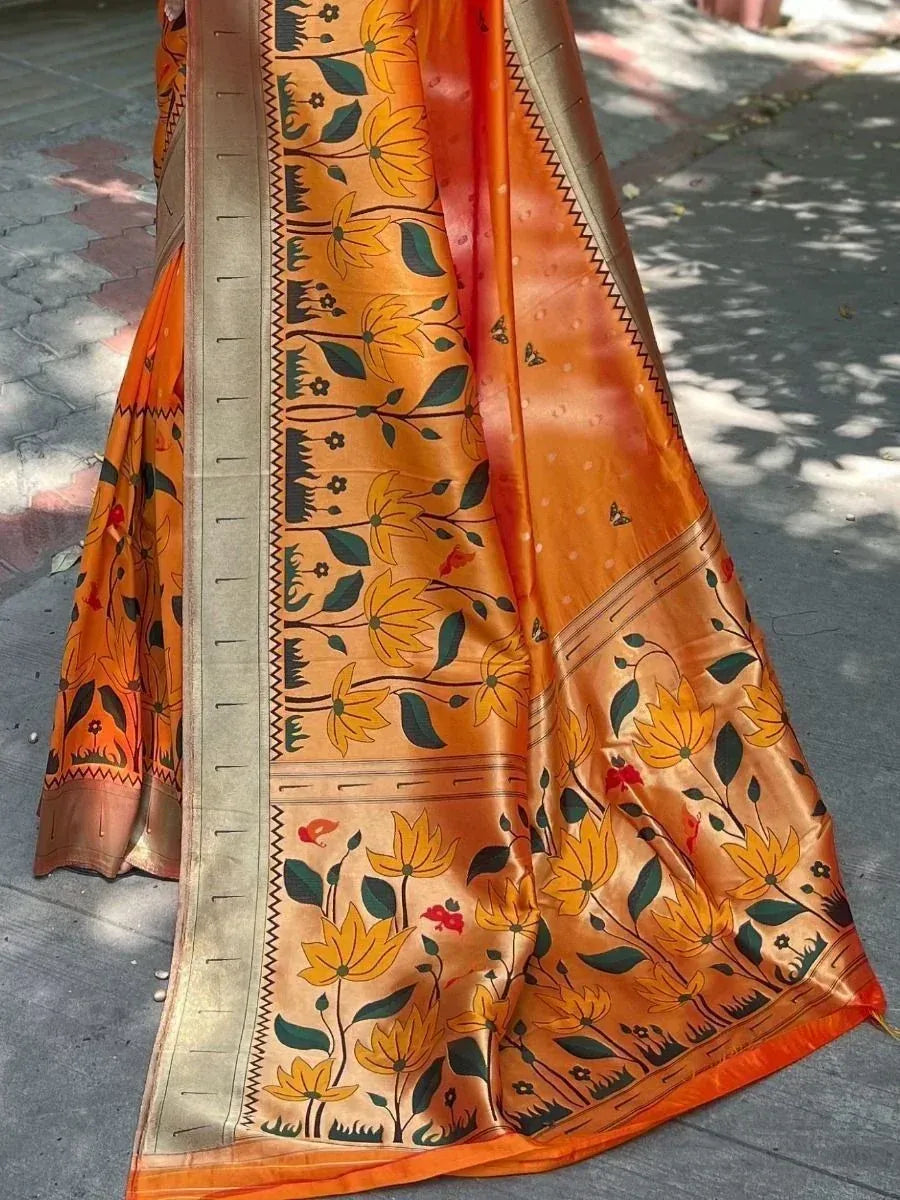 Orange floral print saree with golden border, Indian ethnic wear for women