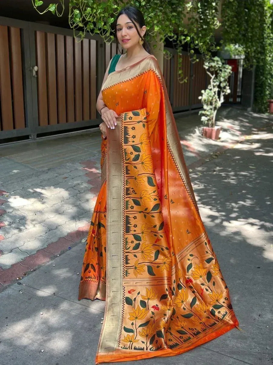 Orange floral printed saree with green blouse, ethnic Indian wear for women