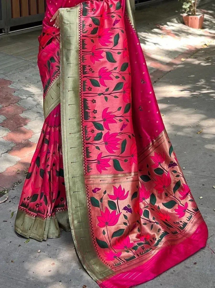 Pink floral printed saree with green border, Indian ethnic wear for women