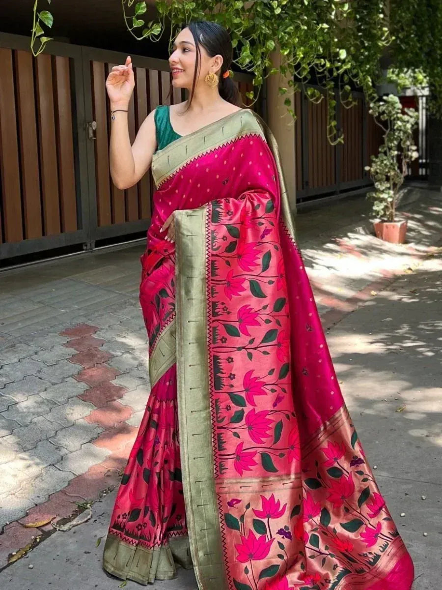 Pink floral printed saree with green border, styled with matching blouse for ethnic wear
