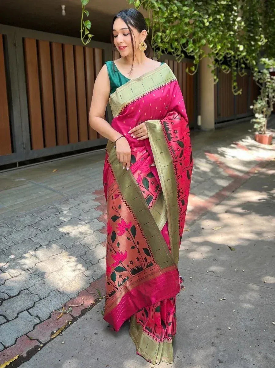 Woman in vibrant pink floral saree with green border, styled for ethnic occasions