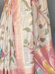 Bewitching Off-White & Pink Digital Printed Silk Festival Wear Saree