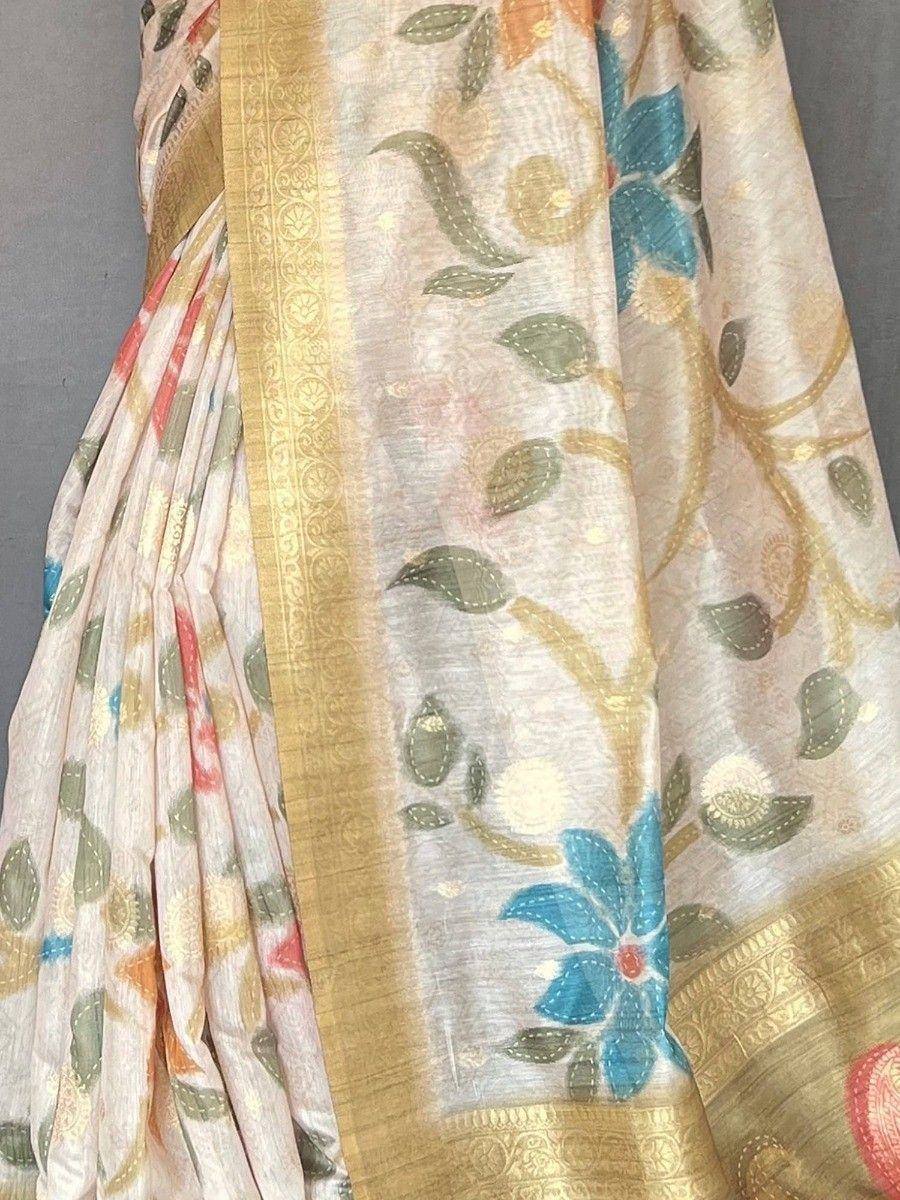 Elegant floral print saree with gold border, perfect for Indian ethnic wear occasions