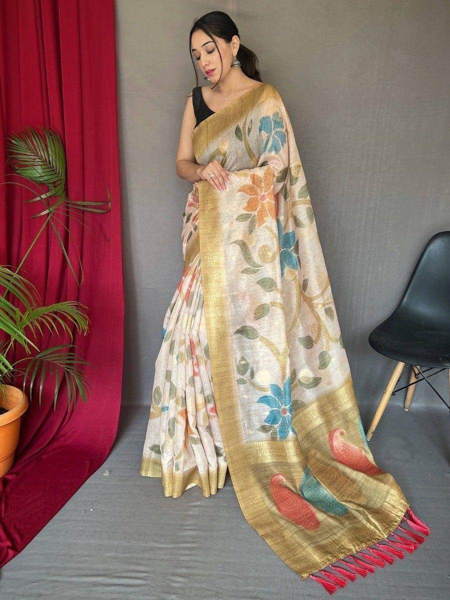 Astonishing Off-White & Golden Digital Printed Silk Event Wear Saree