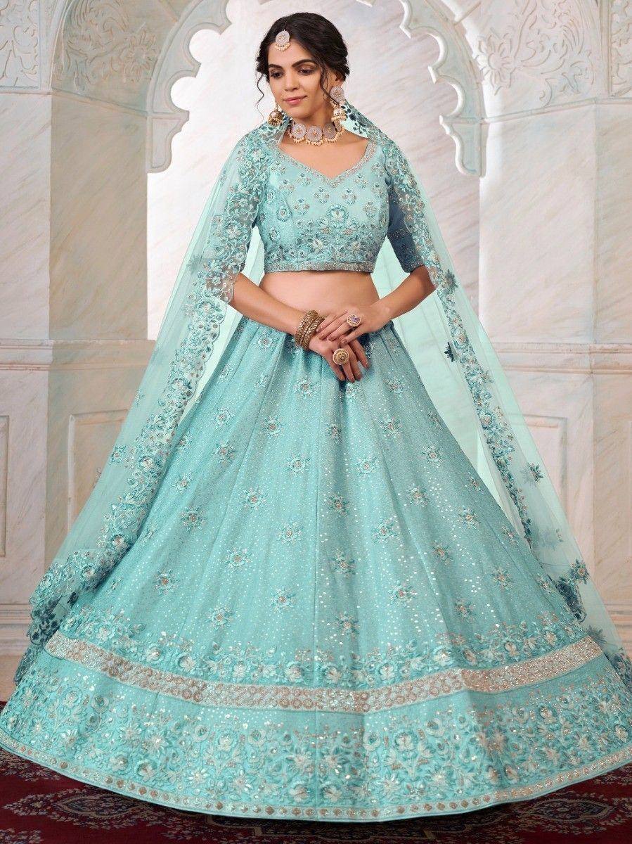 Mint green embroidered lehenga choli with dupatta, Indian ethnic wear for weddings and festivals