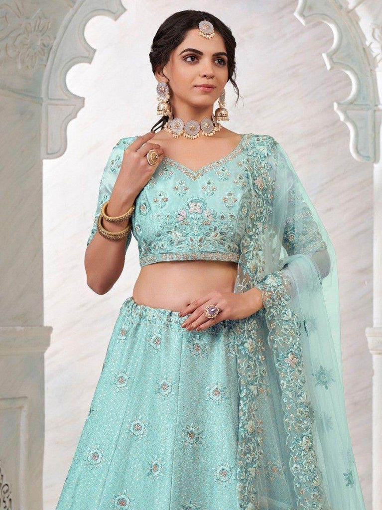 Wonderful Turquoise Embroidered Art Silk Cocktail Wear Lehenga Choli