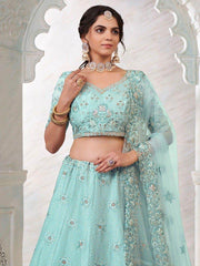 Wonderful Turquoise Embroidered Art Silk Cocktail Wear Lehenga Choli