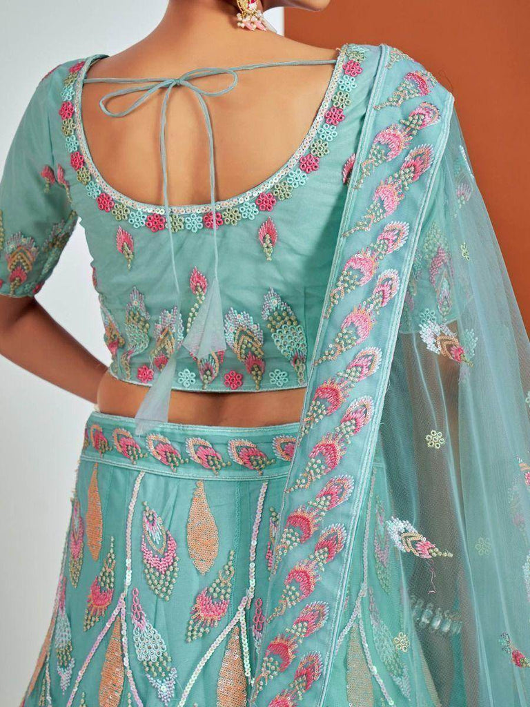 Alluring Turquoise Embroidered Net Wedding Wear Lehenga Choli