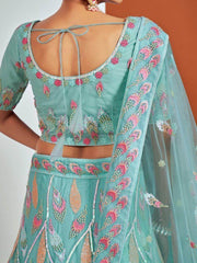 Alluring Turquoise Embroidered Net Wedding Wear Lehenga Choli