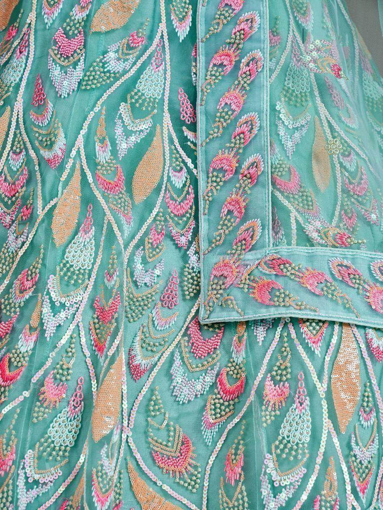 Alluring Turquoise Embroidered Net Wedding Wear Lehenga Choli