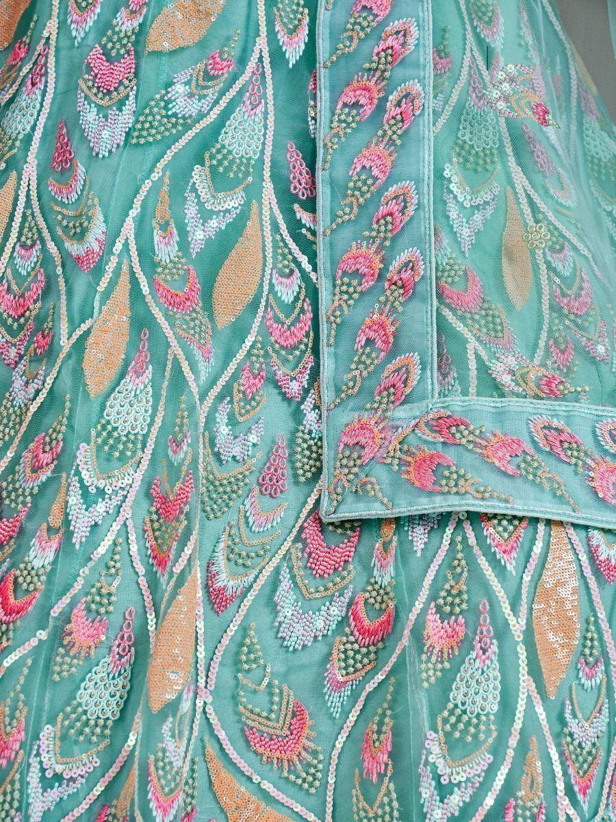 Teal lehenga with pink and gold floral embroidery and sequin detailing for Indian ethnic wear
