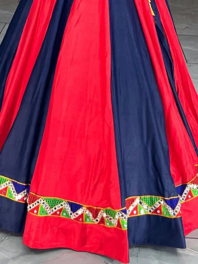 Unique Red And Blue Mirror Work Cotton Navratri Lehenga Choli - Ethnic Plus In