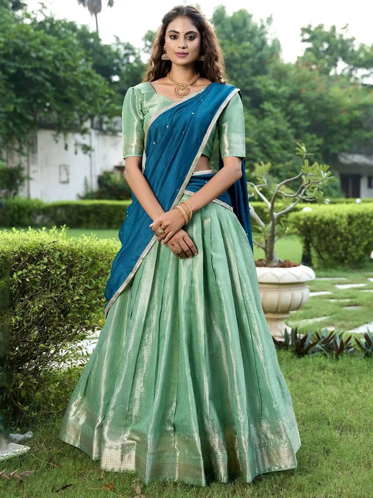 Unique Sea Green Zari Weaving Silk Function Lehenga Choli With Dupatta - Ethnic Plus In