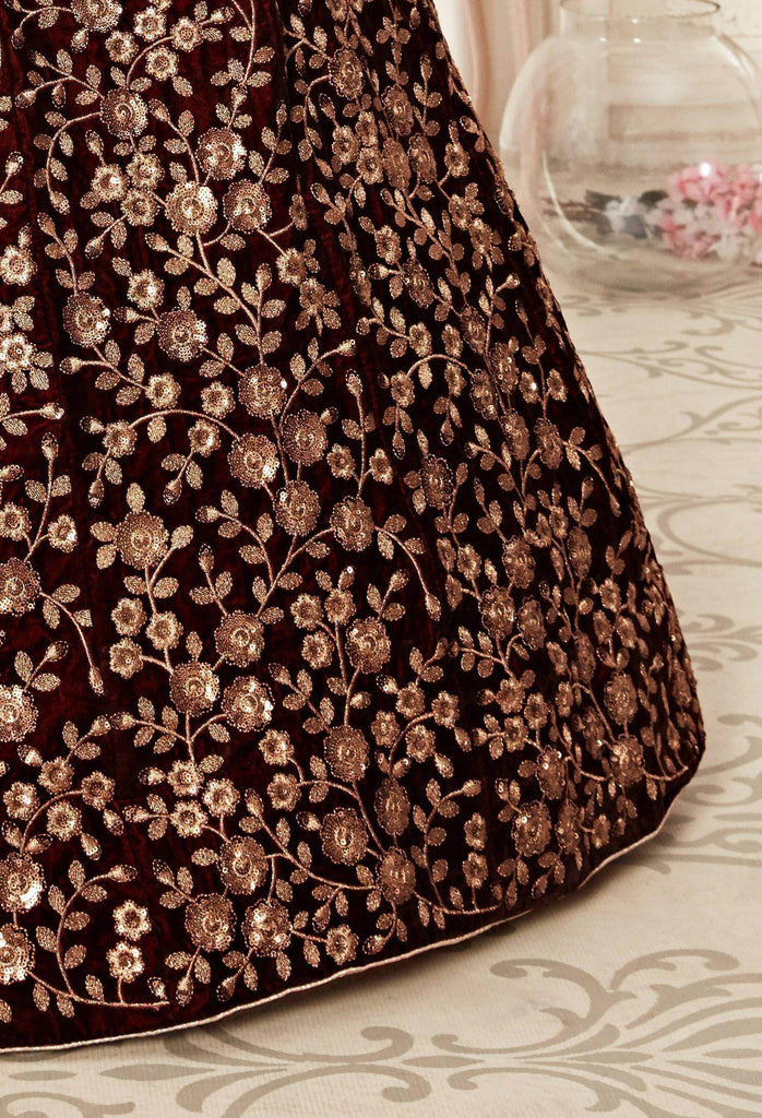 Maroon Heavy Embroidery Velvet Bridal Lehenga Choli