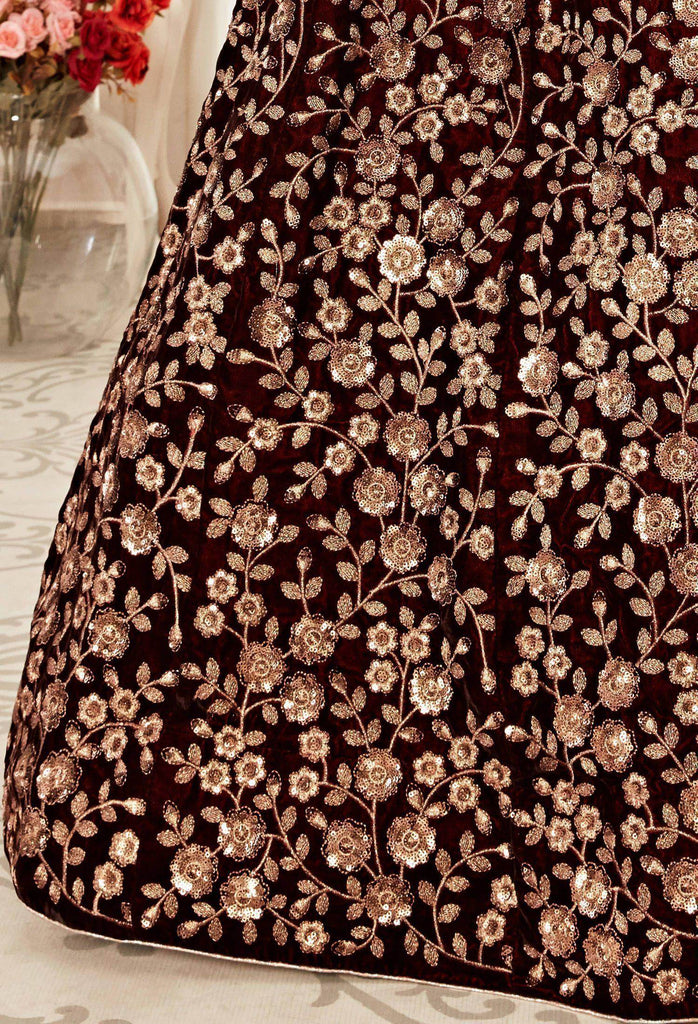 Maroon Heavy Embroidery Velvet Bridal Lehenga Choli