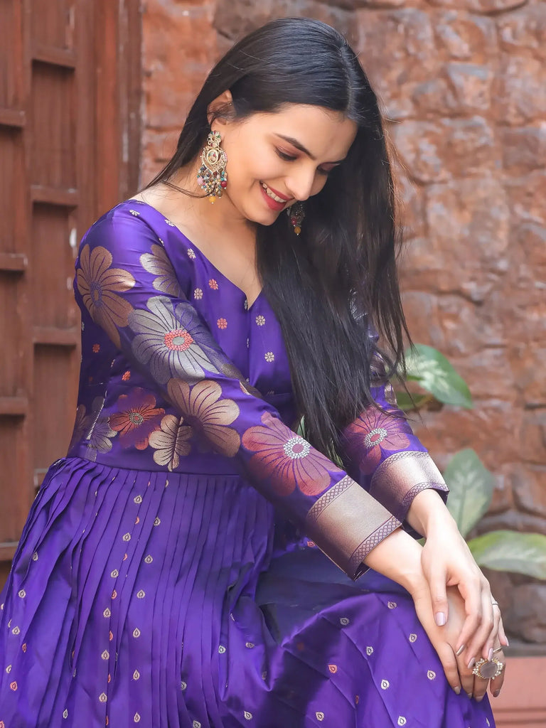 Wonderful Violet Zari Weaving Banarasi Silk Festival Wear Gown