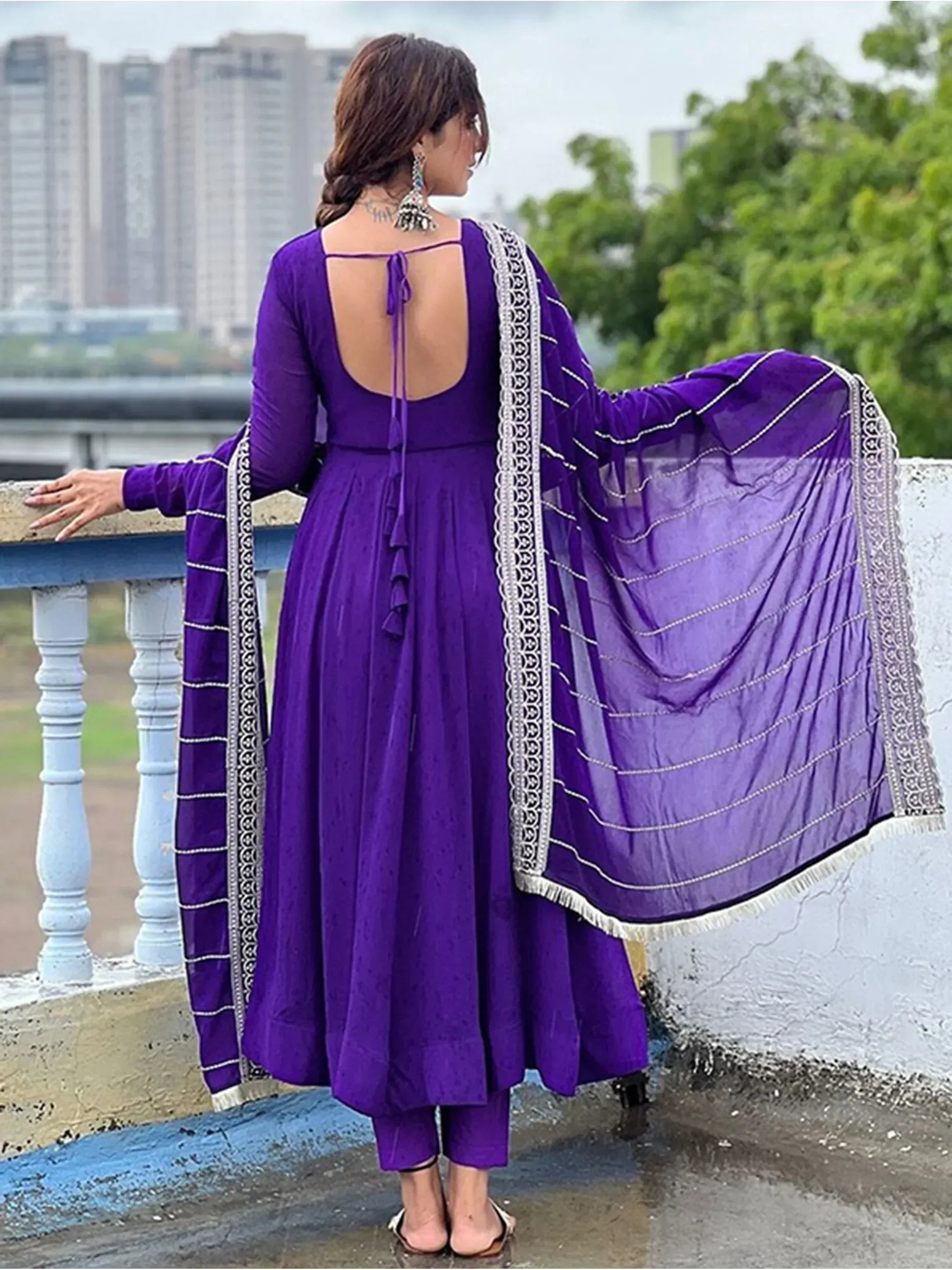 Purple ethnic anarkali suit with back tie and embroidered dupatta, perfect for Indian occasions