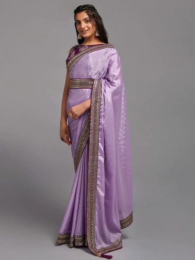 Stunning Purple Embroidered Chinon Party Wear Saree With Blouse