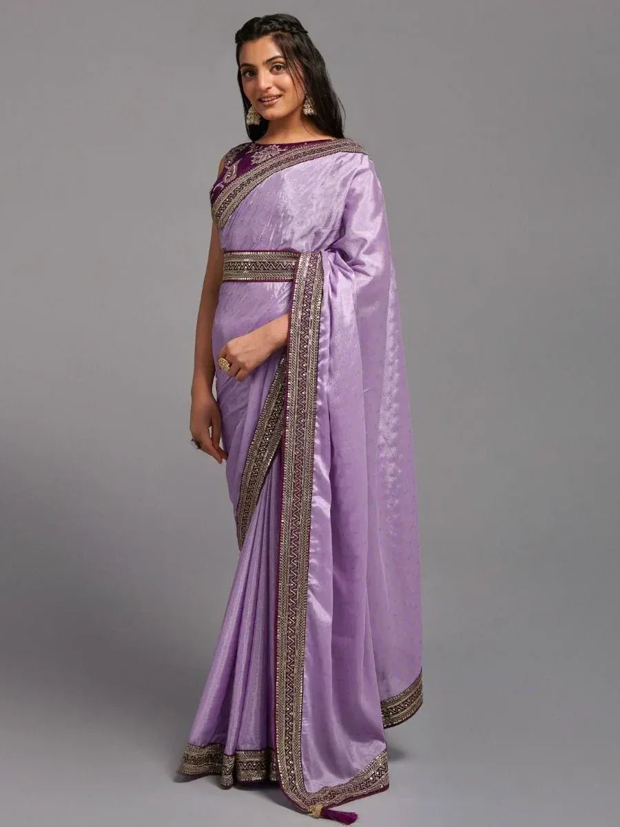Lavender silk saree with embroidered border and matching blouse, elegant Indian ethnic wear for women