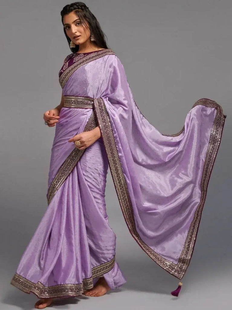 Stunning Purple Embroidered Chinon Party Wear Saree With Blouse