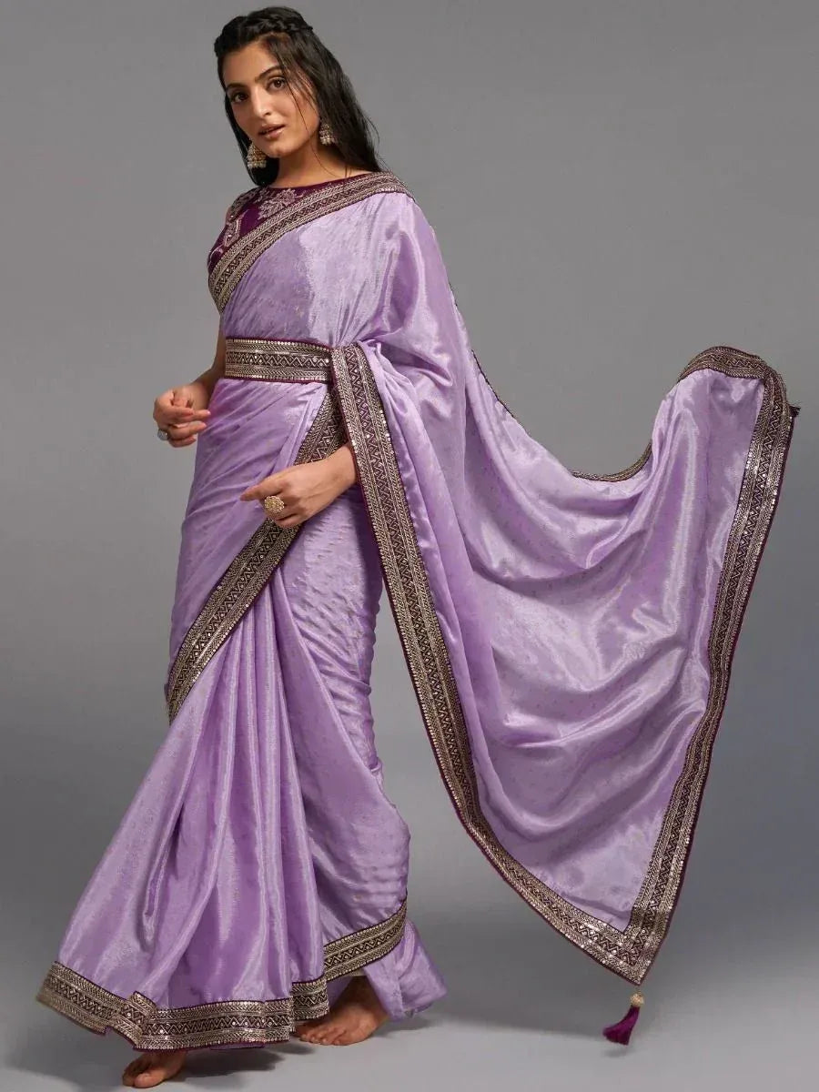 Lavender silk saree with gold border, perfect for Indian ethnic wear occasions