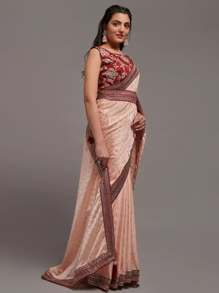 Charming Peach Embroidered Chinon Party Wear Saree With Blouse