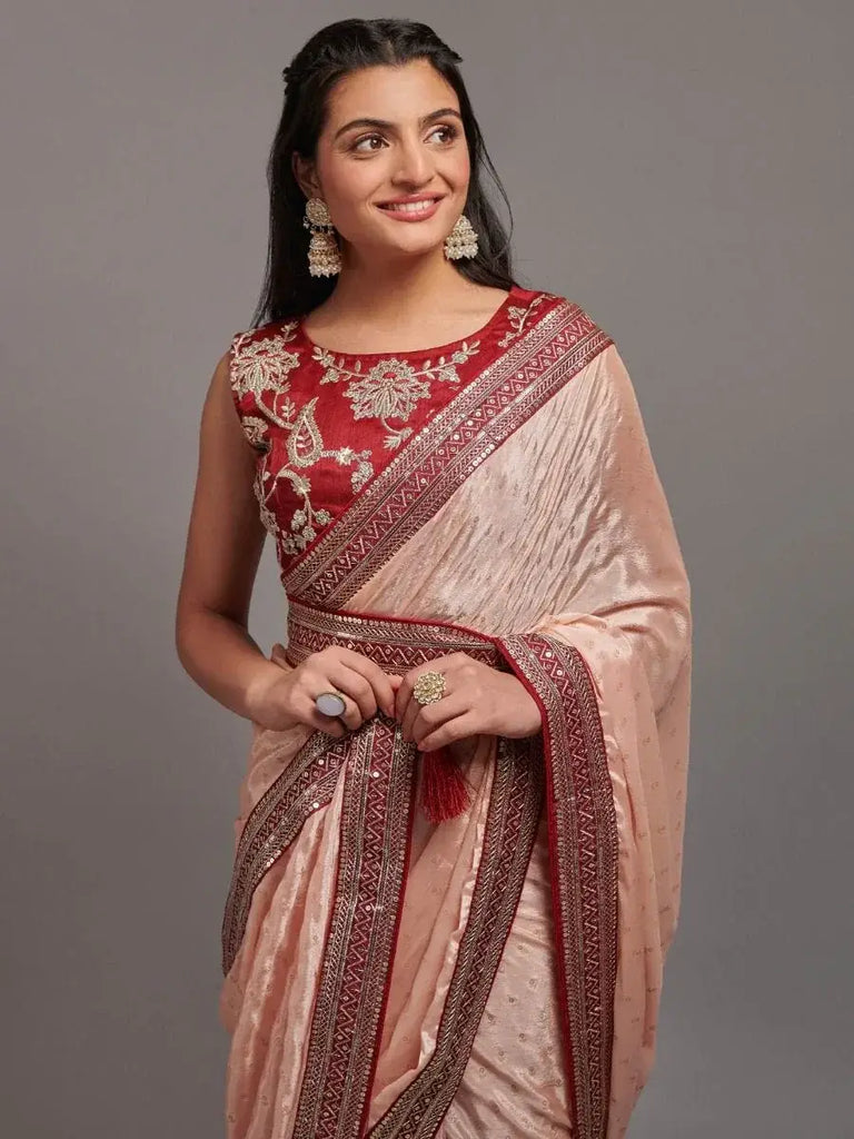 Charming Peach Embroidered Chinon Party Wear Saree With Blouse