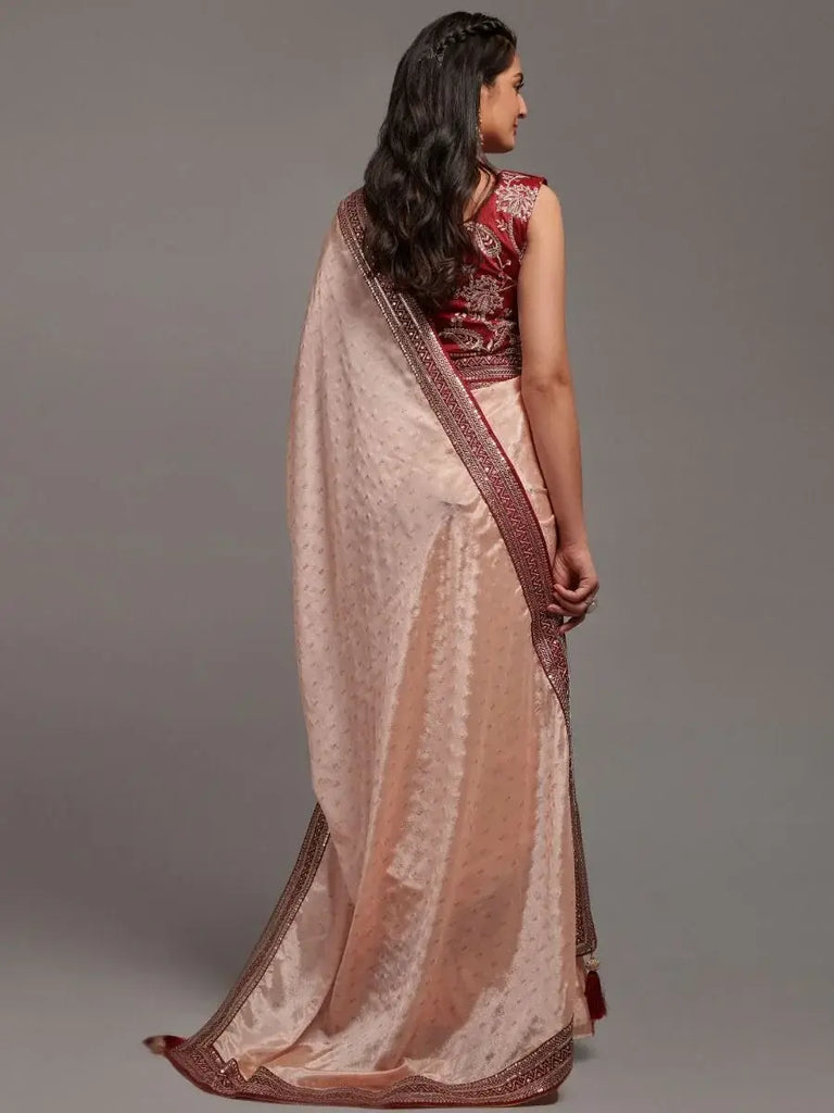 Charming Peach Embroidered Chinon Party Wear Saree With Blouse