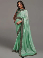 Attractive Green Chinon Embroidered Party Wear Saree With Blouse