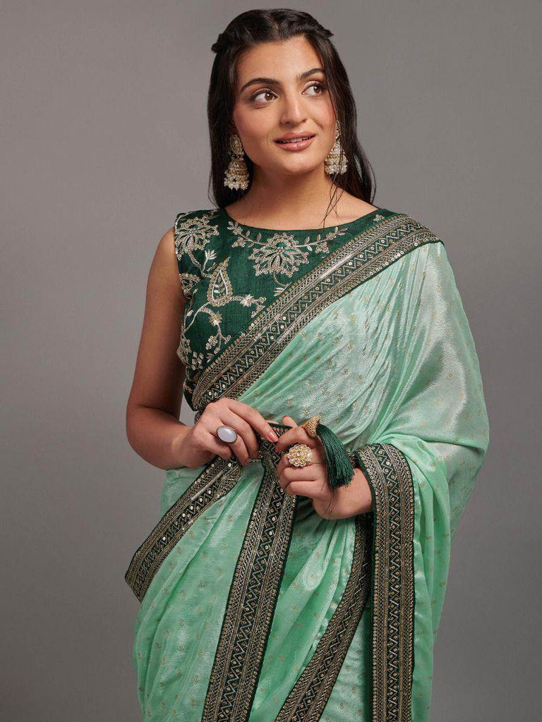 Attractive Green Chinon Embroidered Party Wear Saree With Blouse