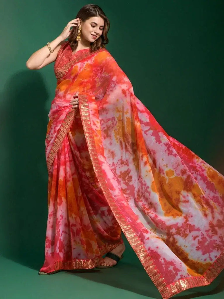 Capricious Red Shibori Printed Chiffon Saree With Sequins blouse