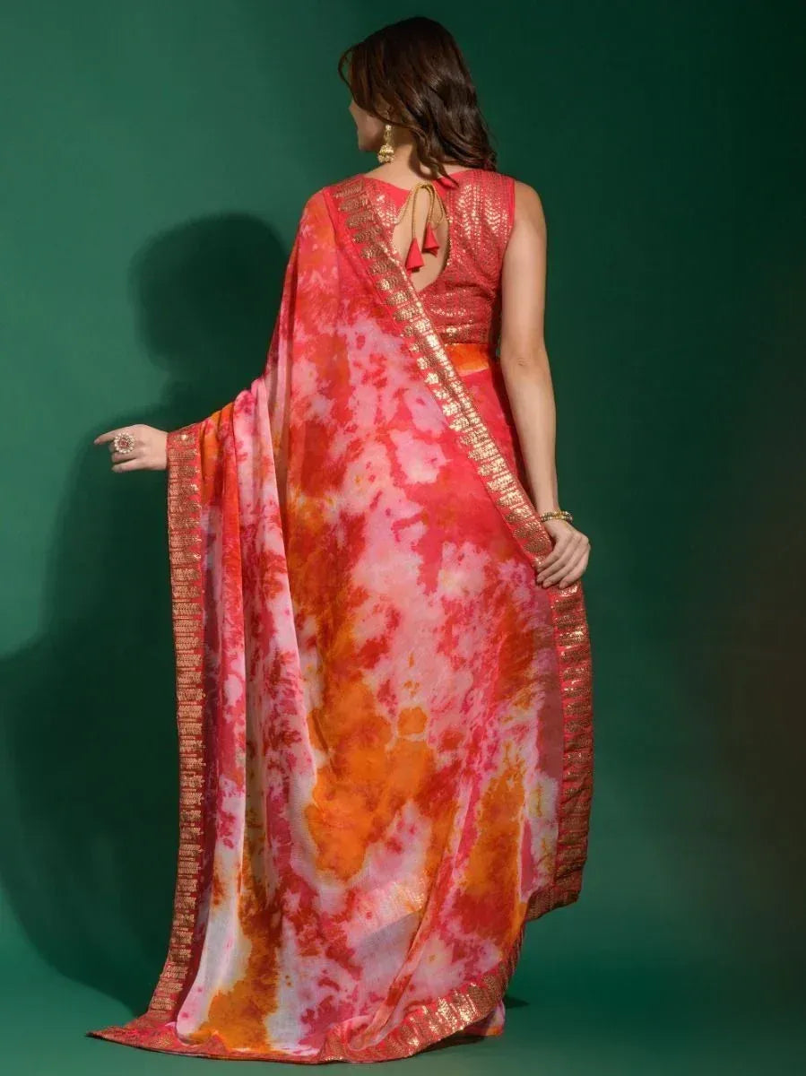 Vibrant tie-dye saree with gold border, back view, ethnic wear for women