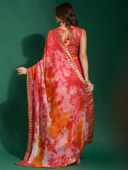 Capricious Red Shibori Printed Chiffon Saree With Sequins blouse