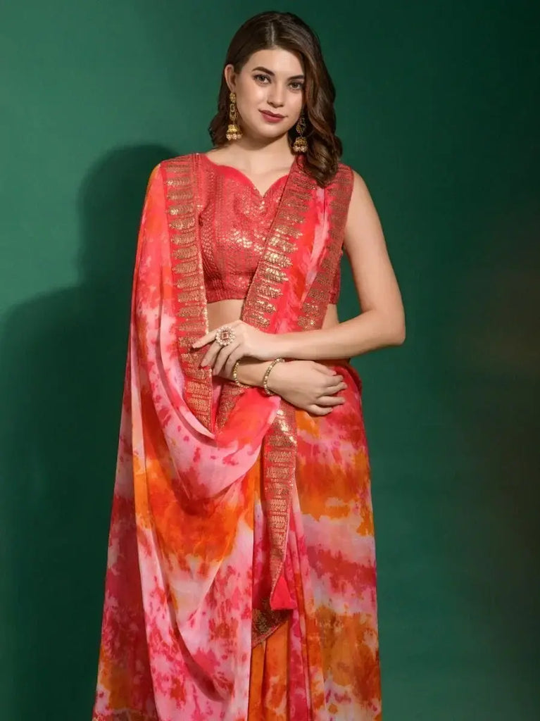 Capricious Red Shibori Printed Chiffon Saree With Sequins blouse