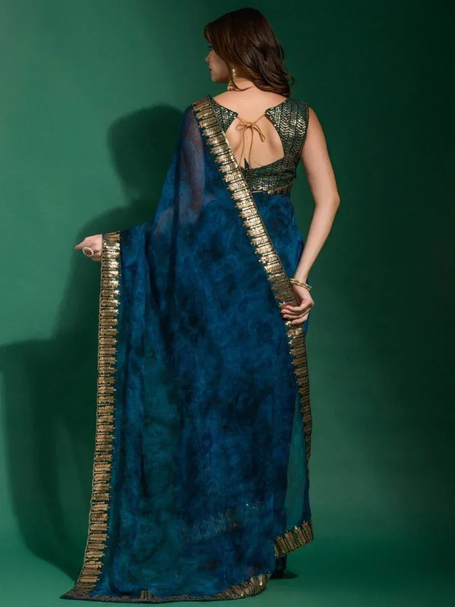 Blue designer saree with gold border and backless blouse, ethnic wear for women