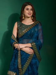 Spectacular Blue Shibori Printed Chiffon Saree With sequins Blouse